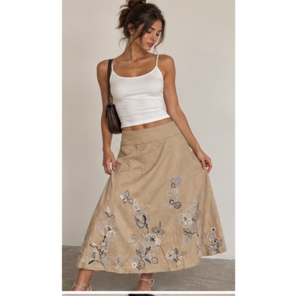 Y2K Boho Floral Khaki Tan Floral Embroidered Midi Skirt Blue White Size 20W